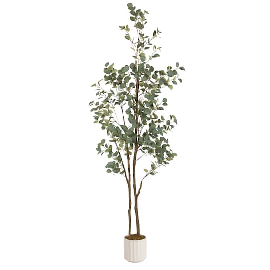 Kate and Laurel 8ft. Green Eudora Faux Eucalyptus Tree in White Planter